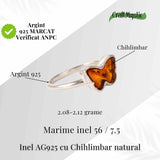 Inel fluture din argint 925 si chihlimbar- Simbol al transformarii blande si al luminii interioare