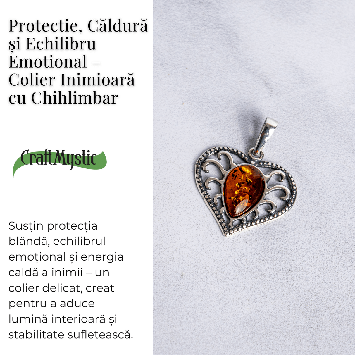 Colier inimioara cu chihlimbar si montura argint 925 - Protectie, caldura si echilibru emotional