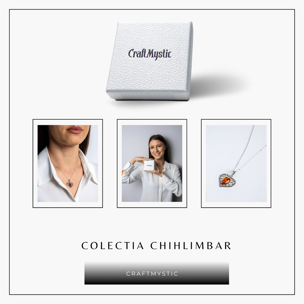 Colier inimioara cu chihlimbar si montura argint 925 - Protectie, caldura si echilibru emotional