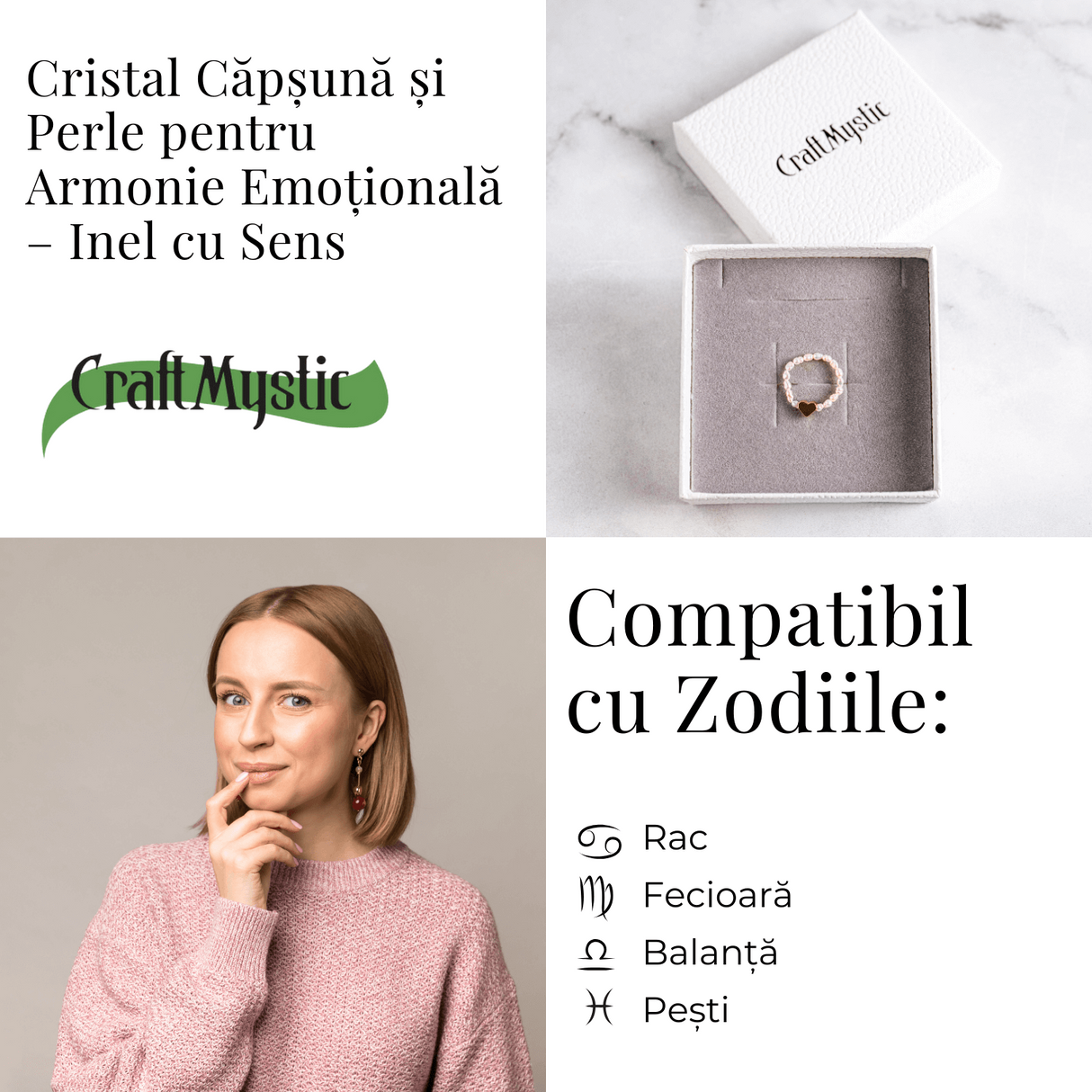 Inel cu sens - Cristal capsuna si perle pentru armonie emotionala