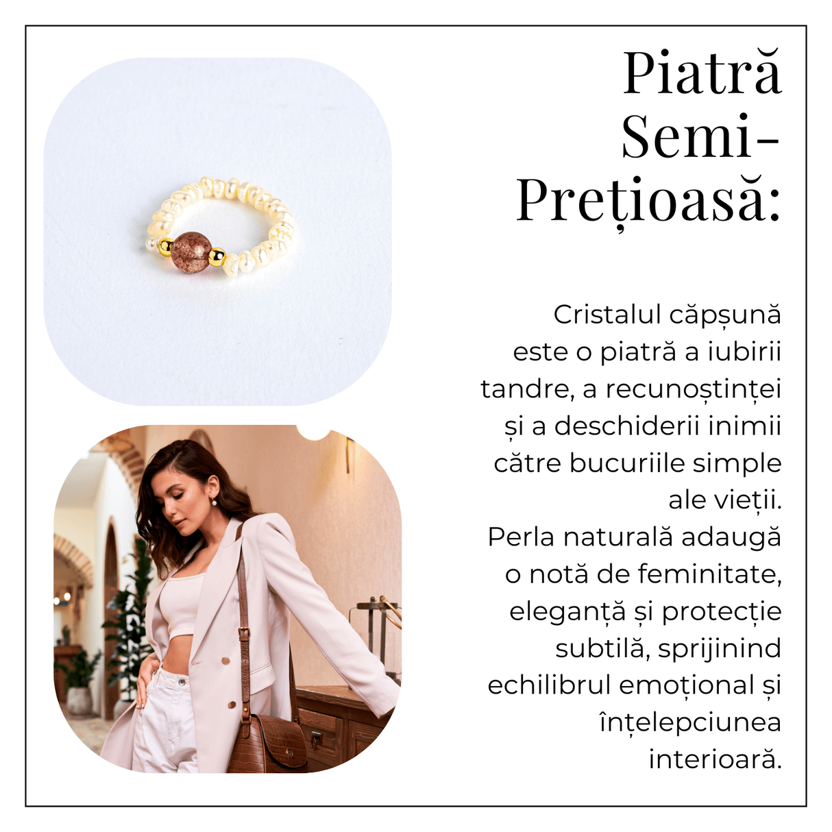 Inel cu sens - Cristal capsuna si perle pentru armonie emotionala