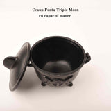 Ceaun "Cauldron" din Fonta cu design Triple Moon, cu Capac si Maner - Cazan de Vrajitoare, Ideal pentru Arderea Tamaii pe Carbune si Smudging cu Salvie