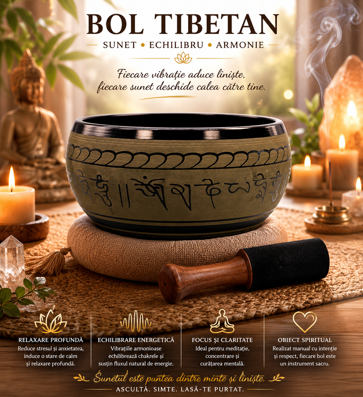 Bol Tibetan din Aluminiu Rotund 22 cm – Armonie, Relaxare si Echilibru Interior