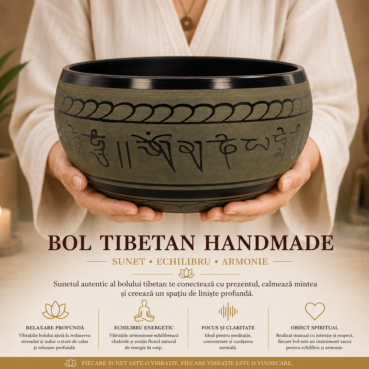 Bol Tibetan din Aluminiu Rotund 22 cm – Armonie, Relaxare si Echilibru Interior