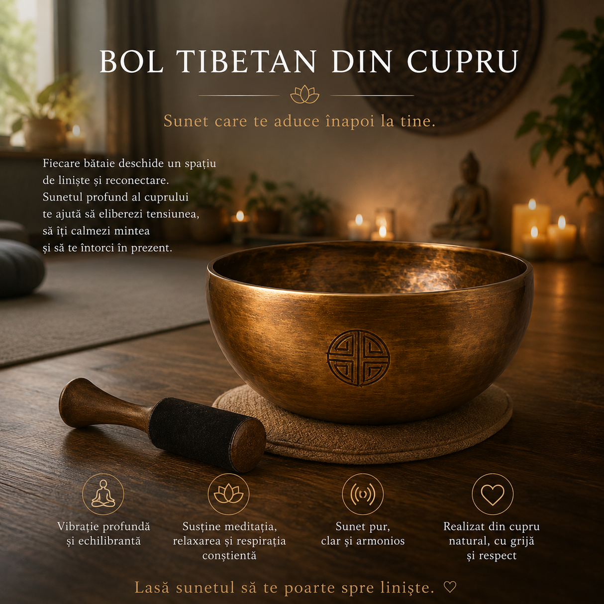 Bol Tibetan din Cupru Rotund 22.5 cm – Armonie Interioara si Relaxare Profunda