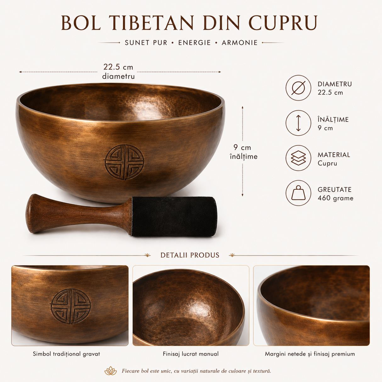 Bol Tibetan din Cupru Rotund 22.5 cm – Armonie Interioara si Relaxare Profunda