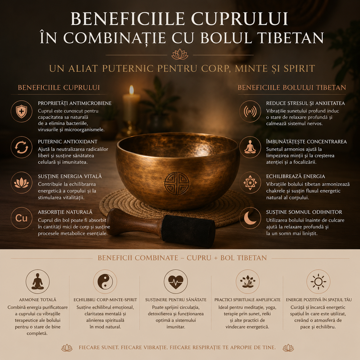 Bol Tibetan din Cupru Rotund 22.5 cm – Armonie Interioara si Relaxare Profunda