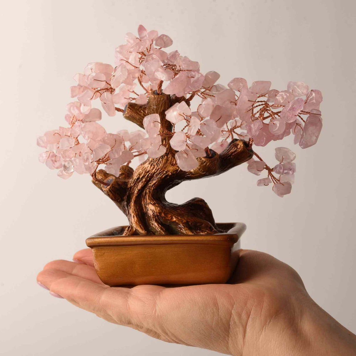 Bonsai cu cristale Cuart Roz pe suport dreptunghiular de ceramica - simbolizeaza: feng shui, noroc, sanatate, bogatie si familie