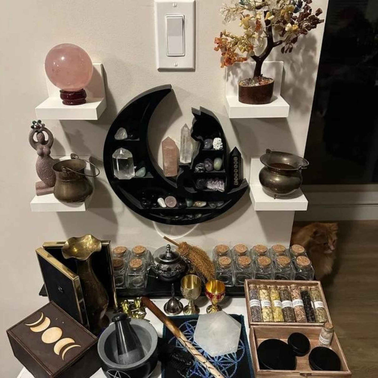 Mini Raft 30x30 cm expunere din lemn pentru cristale, uleiuri esensiale design Pisica neagra pe luna - Decorare gotica pentru camera Moon Cat