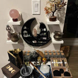 Mini Raft 30x30 cm expunere din lemn pentru cristale, uleiuri esensiale design Pisica neagra pe luna - Decorare gotica pentru camera Moon Cat