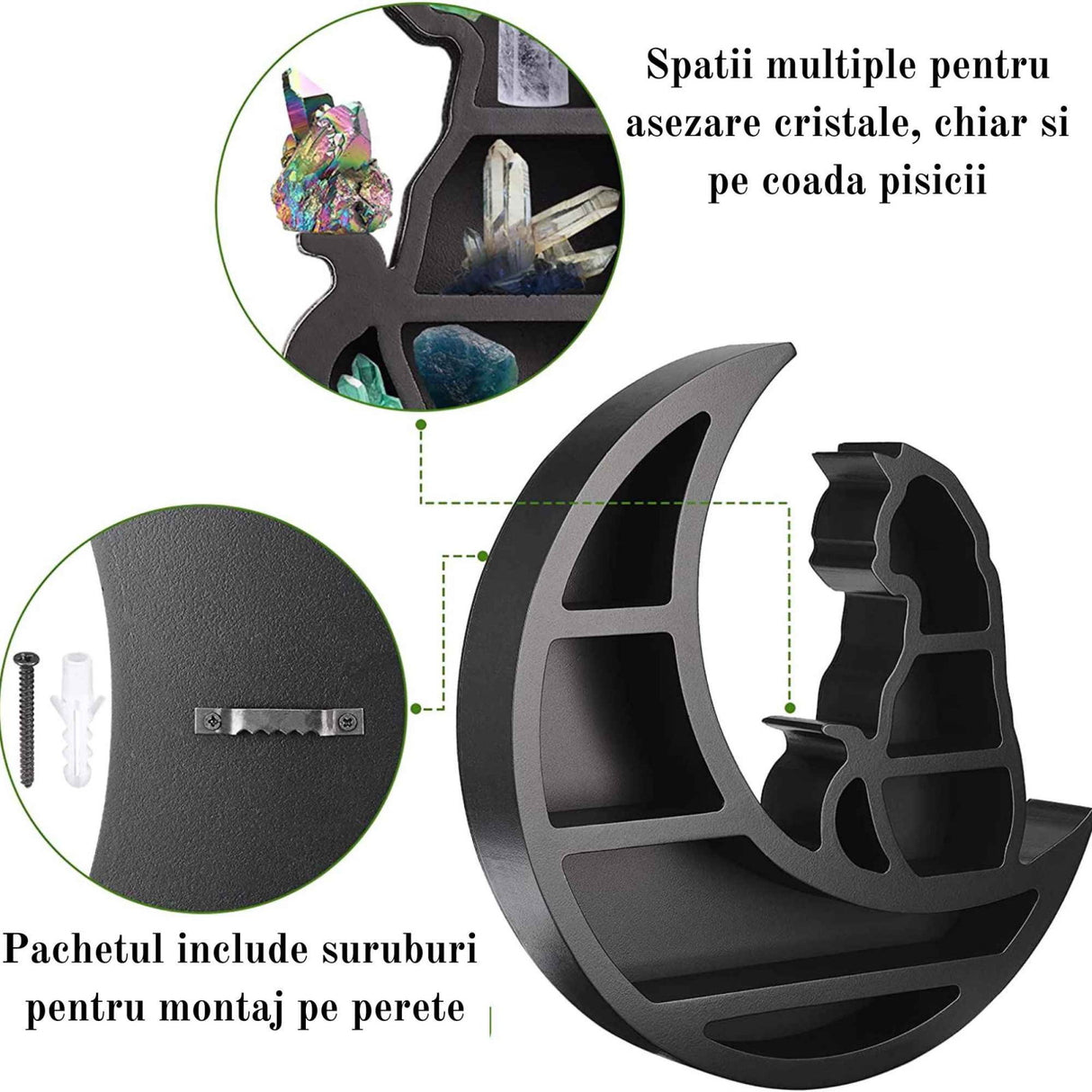 Mini Raft 30x30 cm expunere din lemn pentru cristale, uleiuri esensiale design Pisica neagra pe luna - Decorare gotica pentru camera Moon Cat