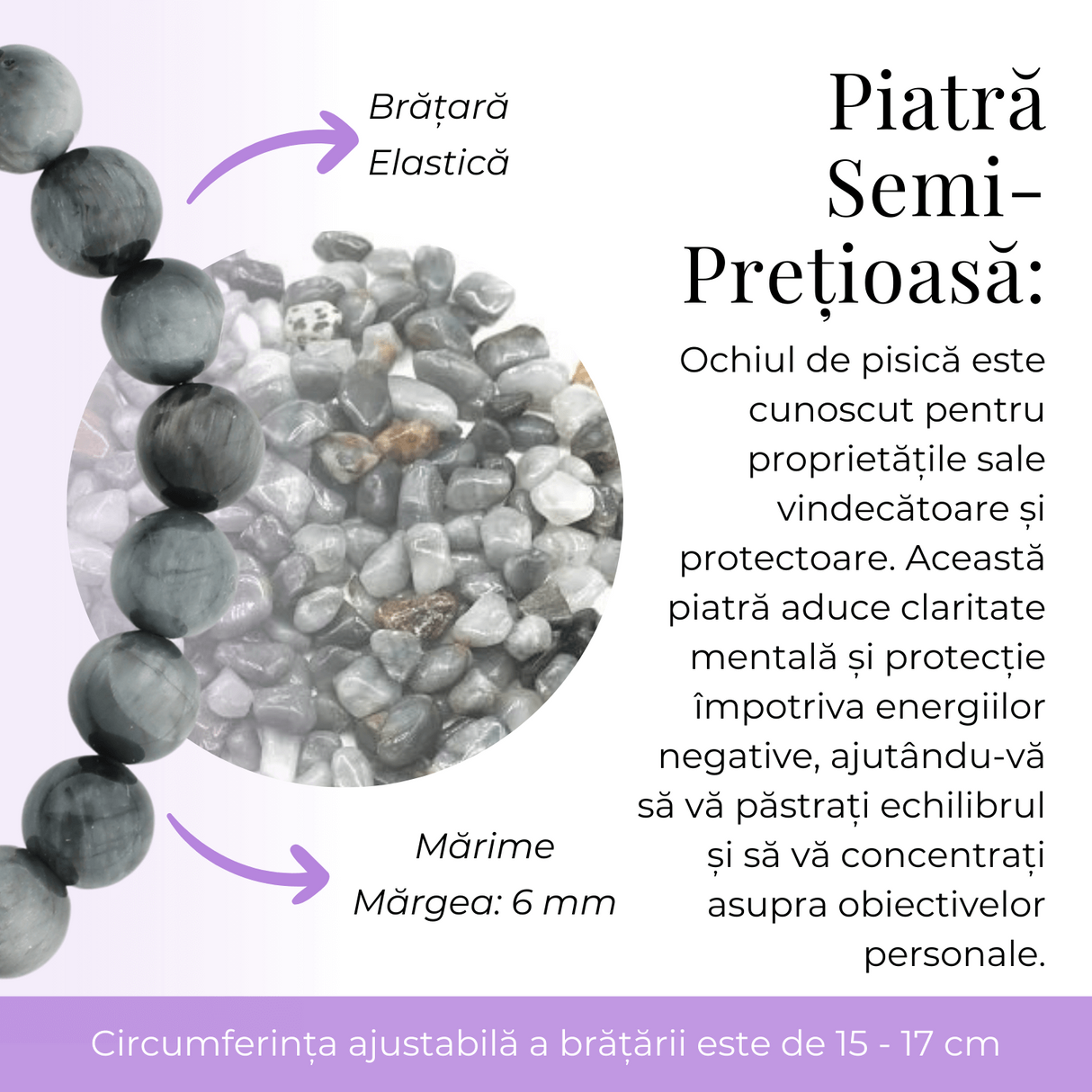 Bratara Elastica cu Margele 6mm din Ochi de Pisica Semipretios Natural