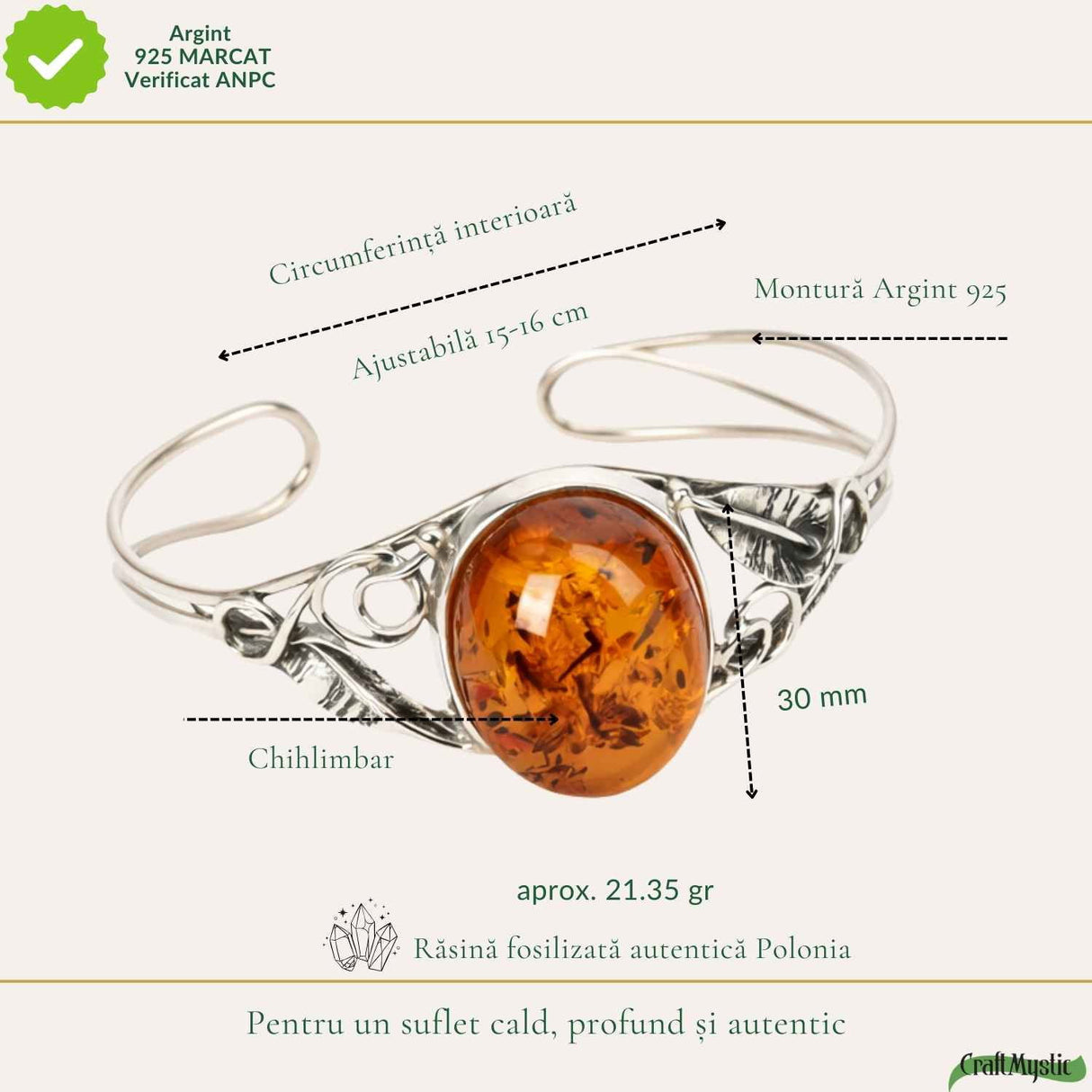 Bratara Argint 925 cu Chihlimbar Oval si Frunze - Caldura si Eleganta Naturala