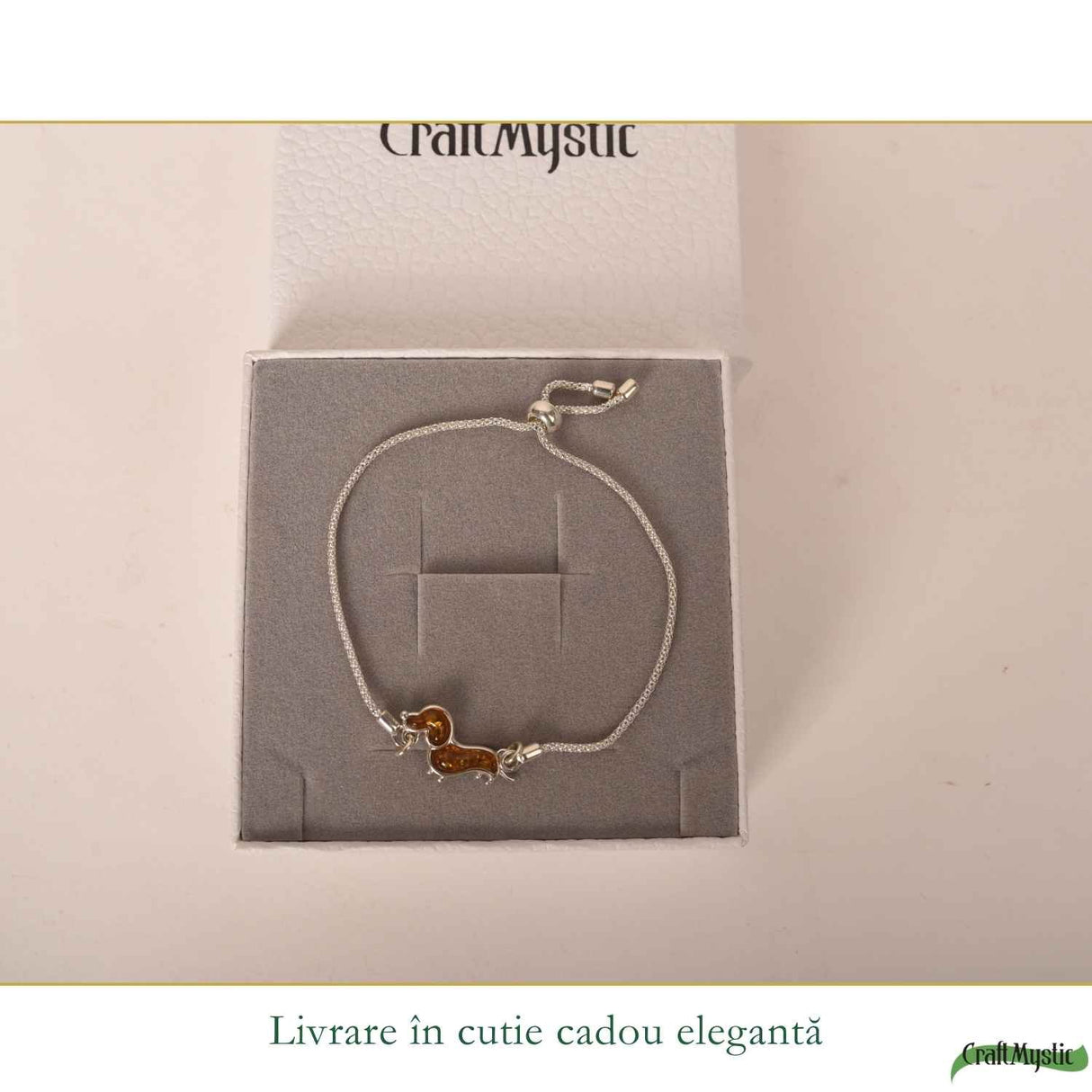 Bratara Argint 925 Catel Teckel cu Chihlimbar Natural - Bucurie si Loialitate