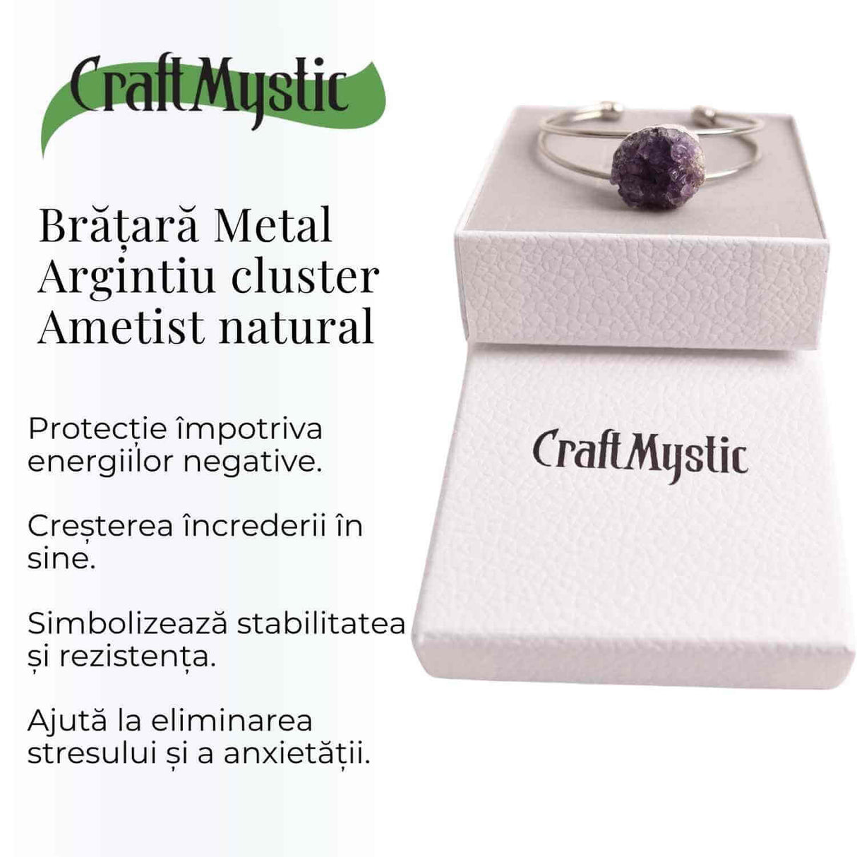 Bratara argintie cu piatra naturala cluster Ametist pentru Claritate si Relaxare
