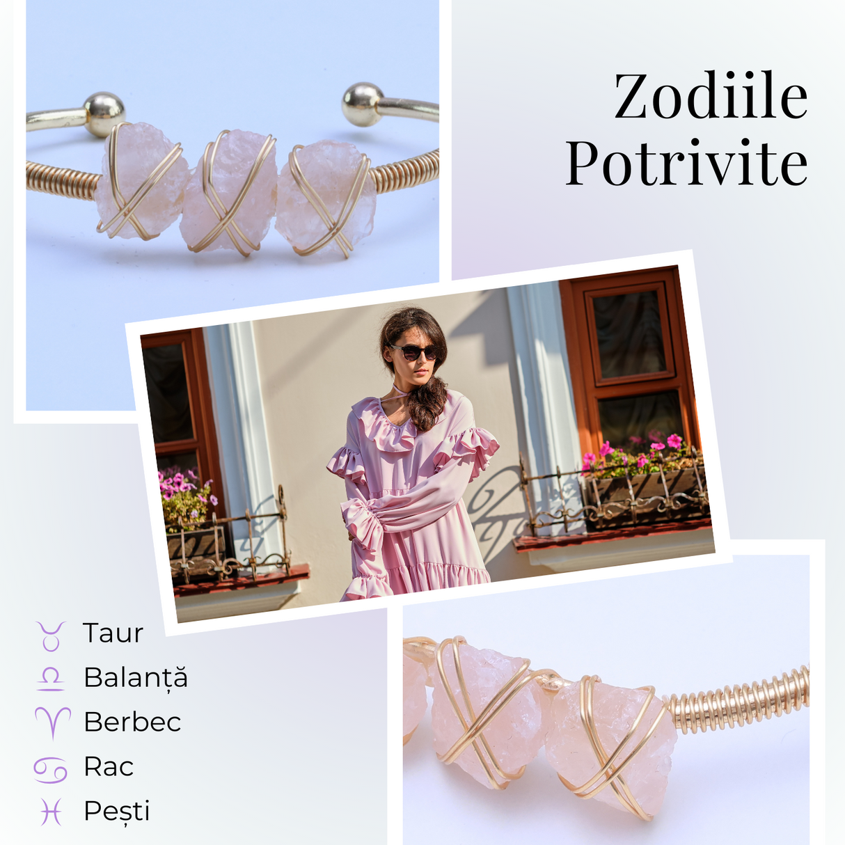 Bratara aurie cu 3 pietre Cuart Roz - Iubire si armonie