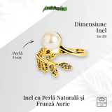 Inel cu perla naturala si frunza aurie - Eleganta care infloreste