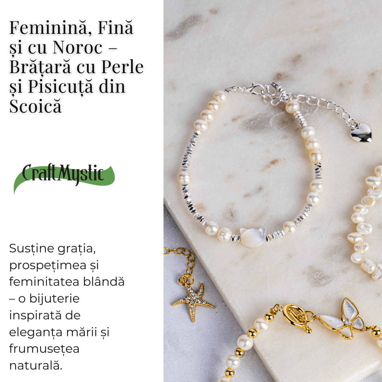 Feminina, fina si cu noroc - Bratara cu perle si pisicuta din scoica