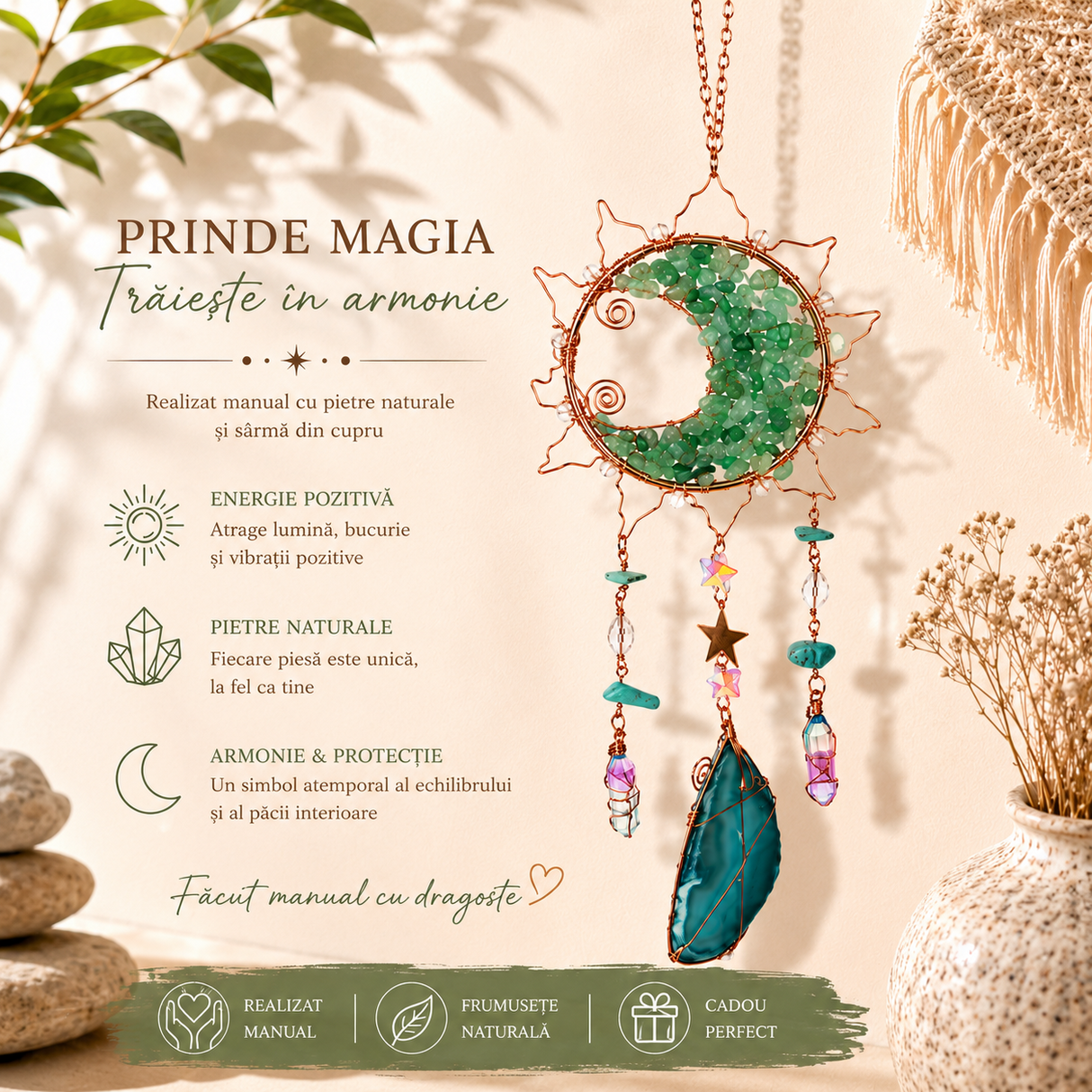 Dreamcatcher cu Aventurin Verde si Felii de Agat in Forma de Soare – Prosperitate si Armonie pentru Casa Ta