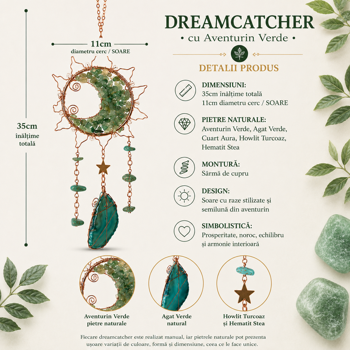 Dreamcatcher cu Aventurin Verde si Felii de Agat in Forma de Soare – Prosperitate si Armonie pentru Casa Ta