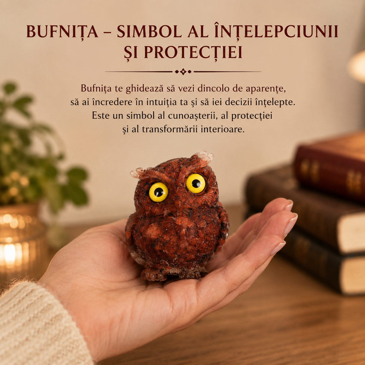 Bufnita din Jasp Rosu Natural cu Rasina – Simbol al Intelepciunii, Protectiei si Curajului