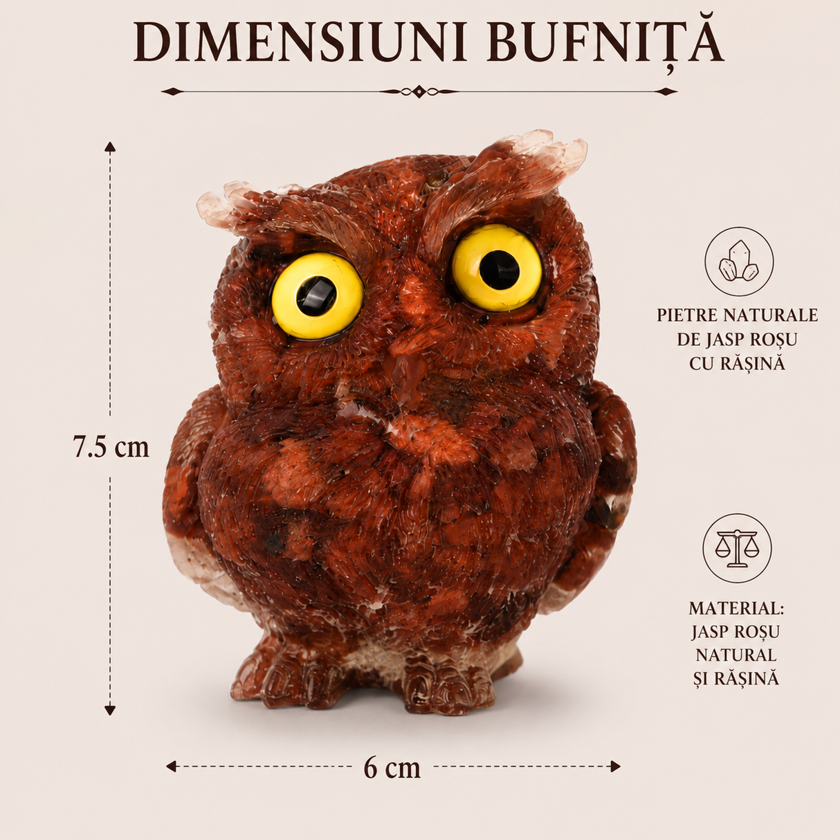 Bufnita din Jasp Rosu Natural cu Rasina – Simbol al Intelepciunii, Protectiei si Curajului