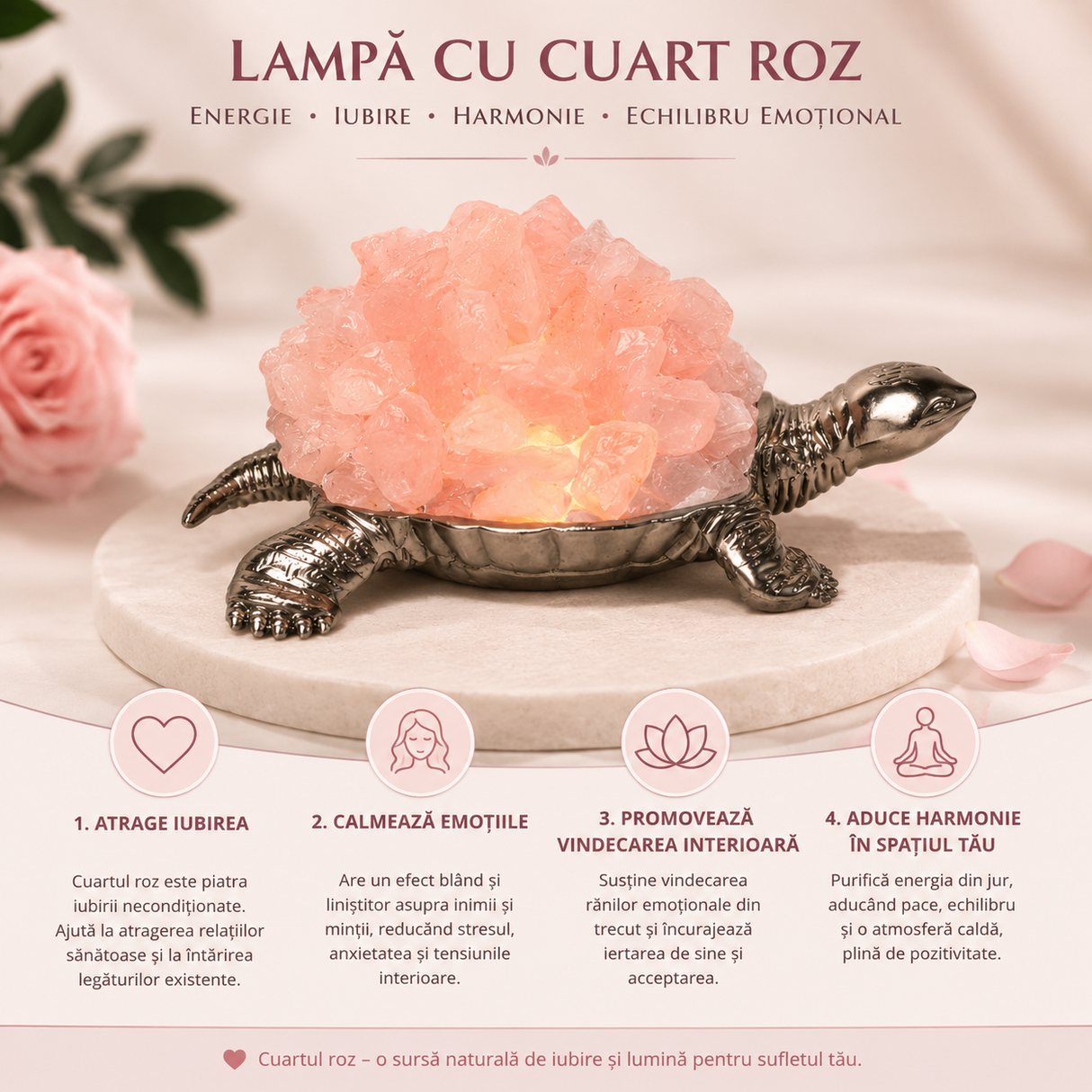 Lampa cu Cuart Roz Natural in Forma de Broasca Testoasa – Iubire si Armonie in Casa