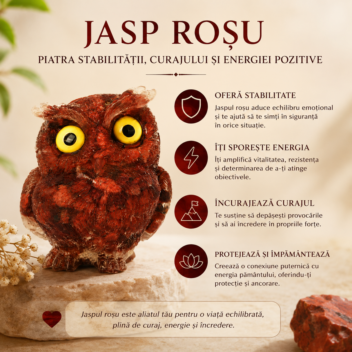Bufnita din Jasp Rosu Natural cu Rasina – Simbol al Intelepciunii, Protectiei si Curajului