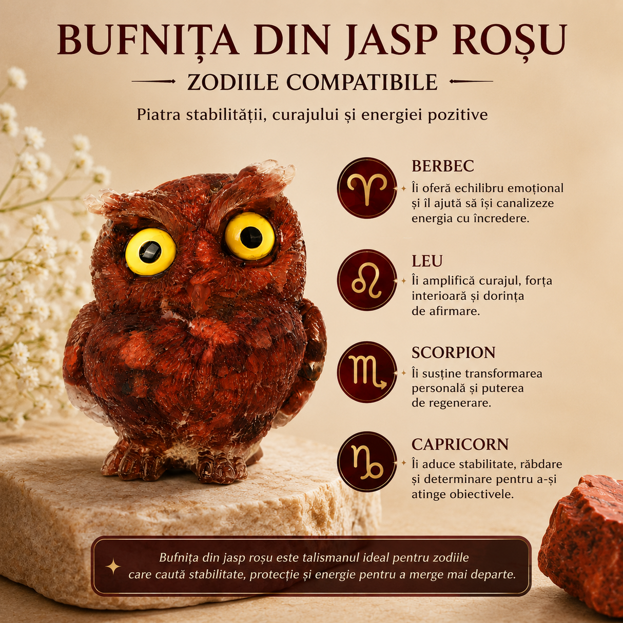 Bufnita din Jasp Rosu Natural cu Rasina – Simbol al Intelepciunii, Protectiei si Curajului