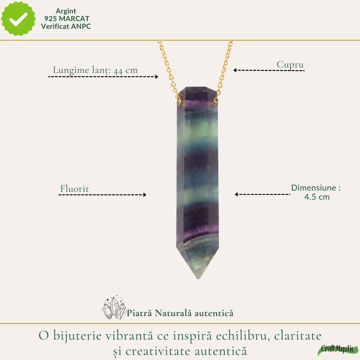 Colier cu Fluorit Natural in Forma de Varf – Claritate Mentala si Inspiratie
