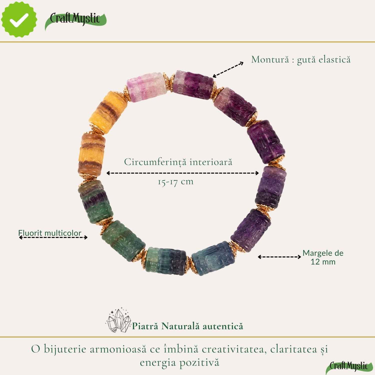 Bratara cu Fluorit Multicolor Natural – Claritate Mentala si Armonie