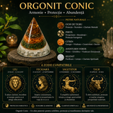 Orgonit Conic cu Ochi de Tigru, Pirita, Citrin, Aventurin Verde si Selenit – Echilibru si Prosperitate