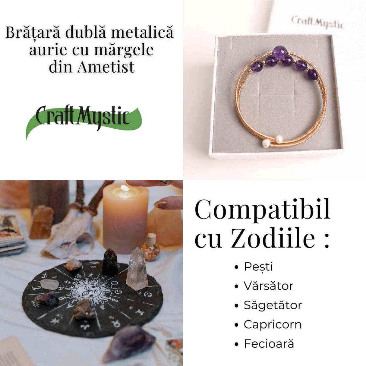 Bratara dubla metalica aurie cu ametist natural pentru calm si claritate mentala