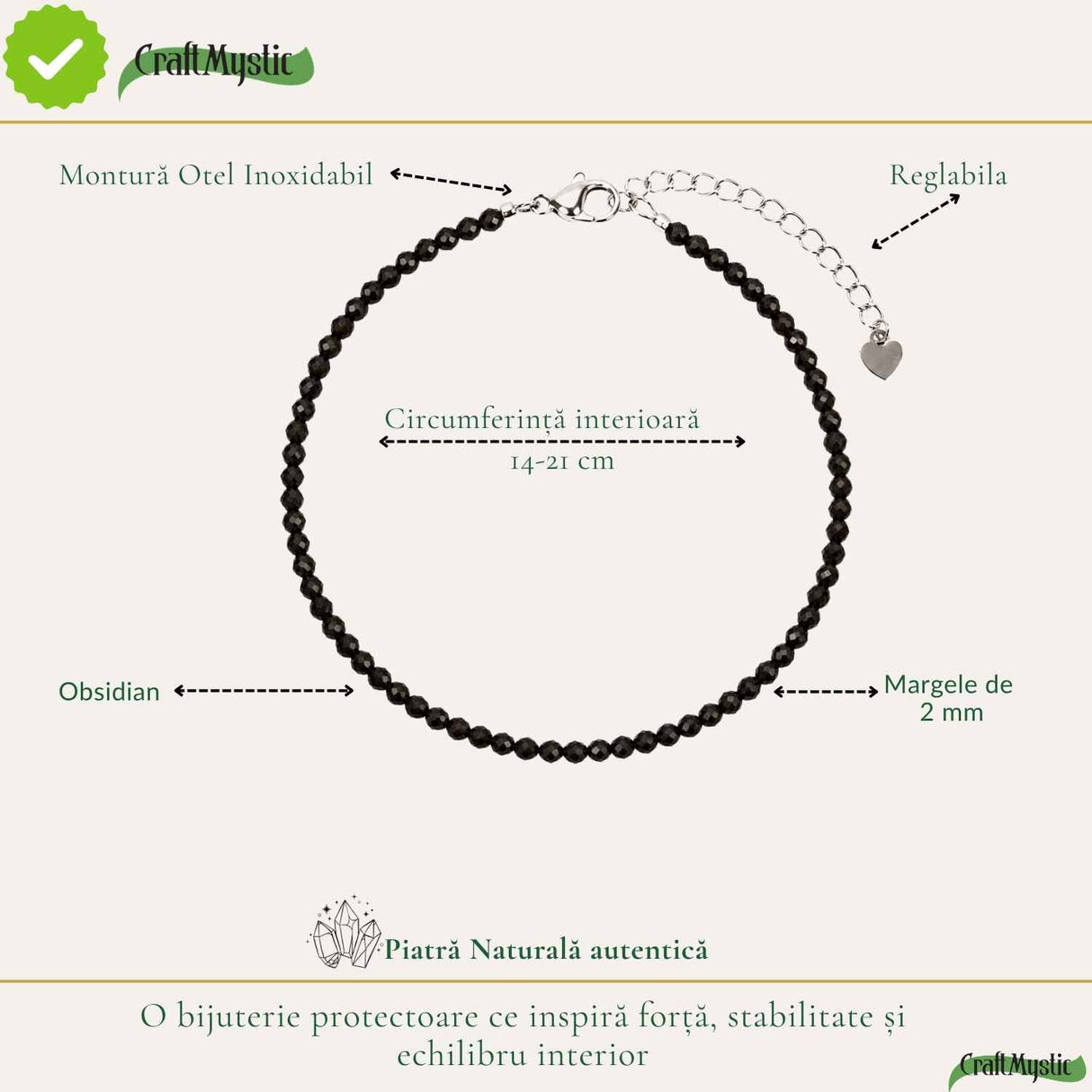 Bratara eleganta cu Obsidian Natural Fatetat 2 mm – Protectie si Echilibru Interior