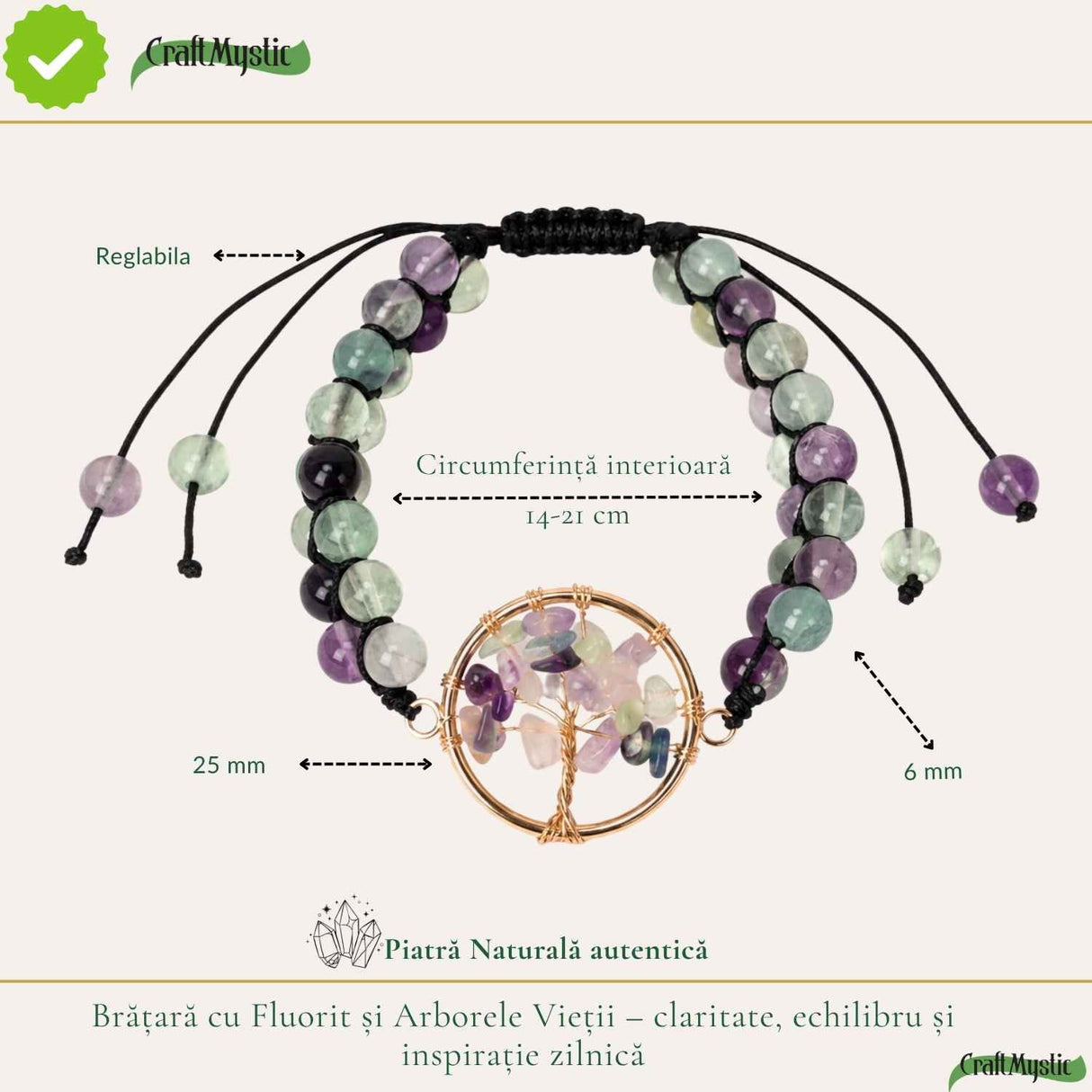 Bratara cu Fluorit si Arborele Vietii – Claritate, Echilibru si Inspiratie