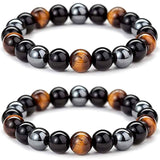 Bratara cu tripla protectie din obsidian negru, ochi de tigru si hematit 10 mm - Bratara feng shui pentru protectie, noroc si prosperitate