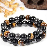 Bratara cu tripla protectie din obsidian negru, ochi de tigru si hematit 10 mm - Bratara feng shui pentru protectie, noroc si prosperitate