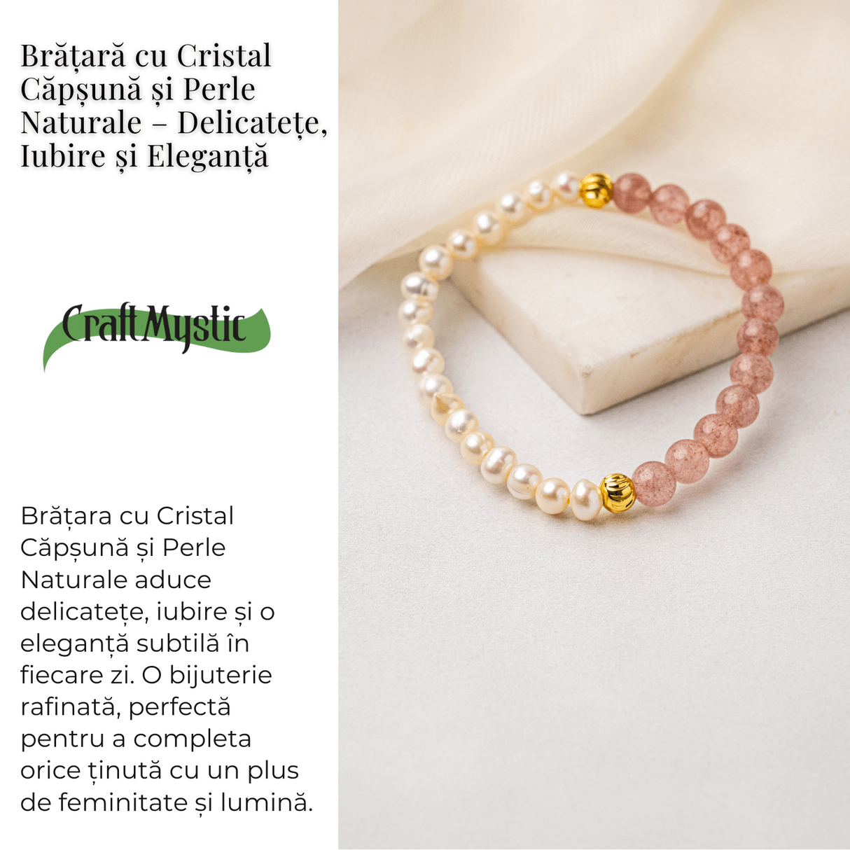 Bratara cu Cristal Capsuna si Perle Naturale - Delicatete, Feminitate si Lumina Interioara