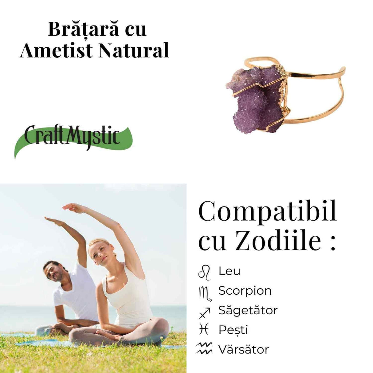 Bratara Aurie cu Ametist Natural Brut - Calm Interior si Claritate Mentala