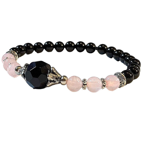 Handmade healing bracelet with 8mm beads of black onyx, rose quartz, and black agate semi-precious crystals