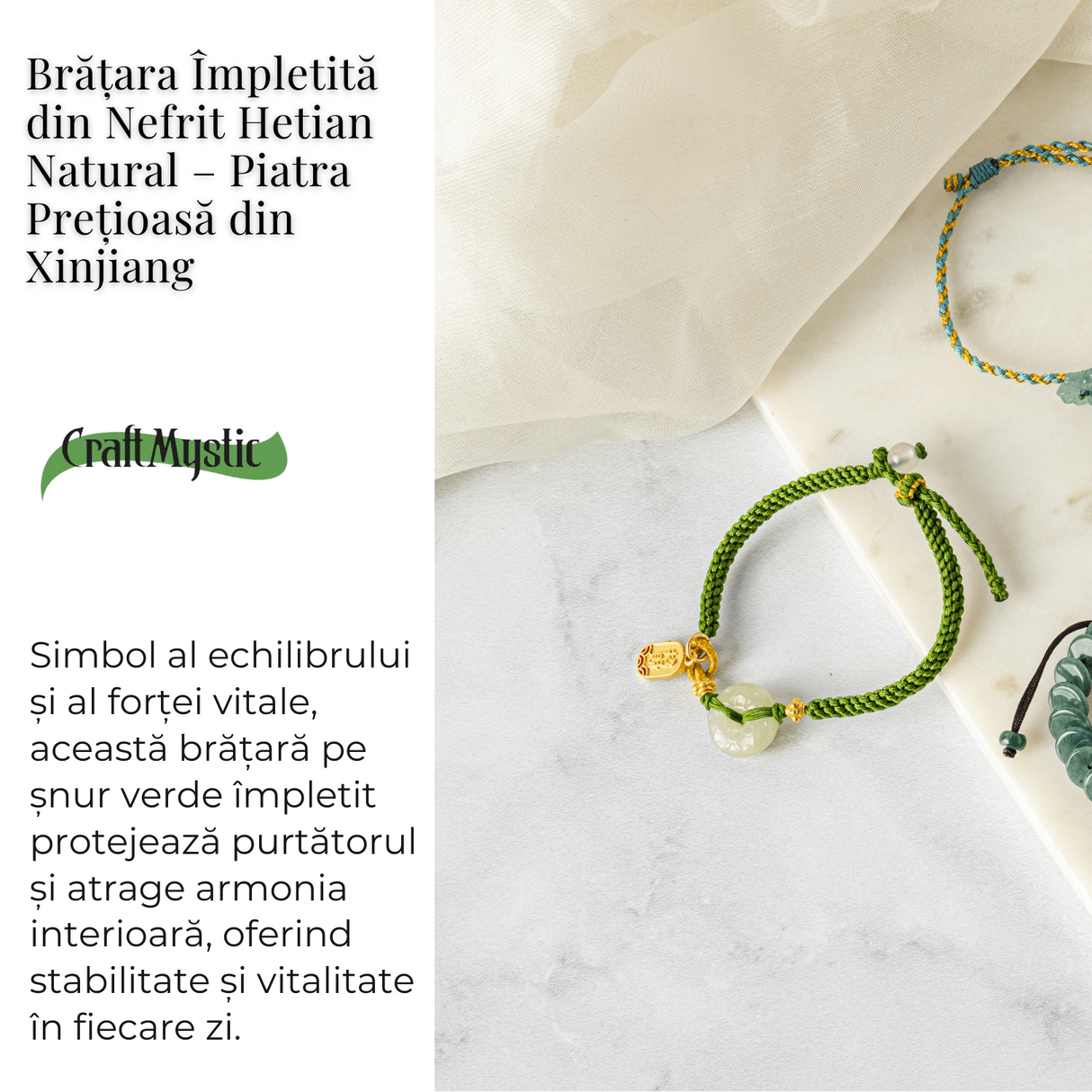 Bratara impletita cu Nefrit Hetian Natural si snur verde - Vitalitate si Protectie