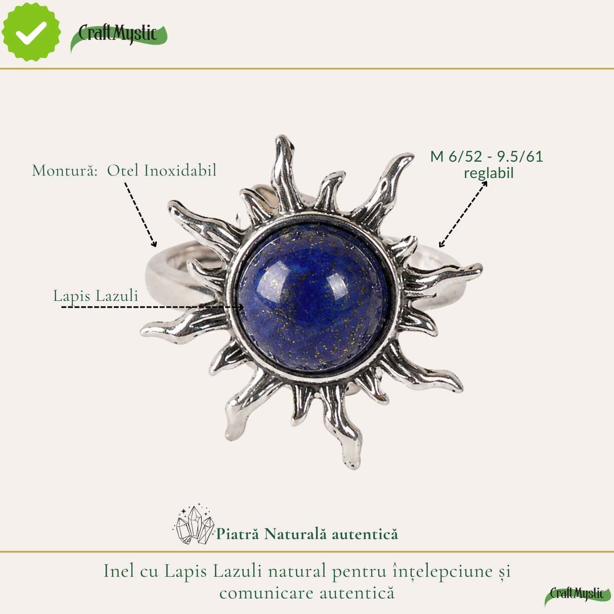 Inel cu Lapis Lazuli Natural in Forma de Soare – Intelepciune si Comunicare Autentica