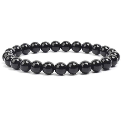 Elastic bracelet with natural shiny black onyx beads 6 mm - Truth + Strength - High quality black beaded unisex bracelet for men and women - Adjustable size