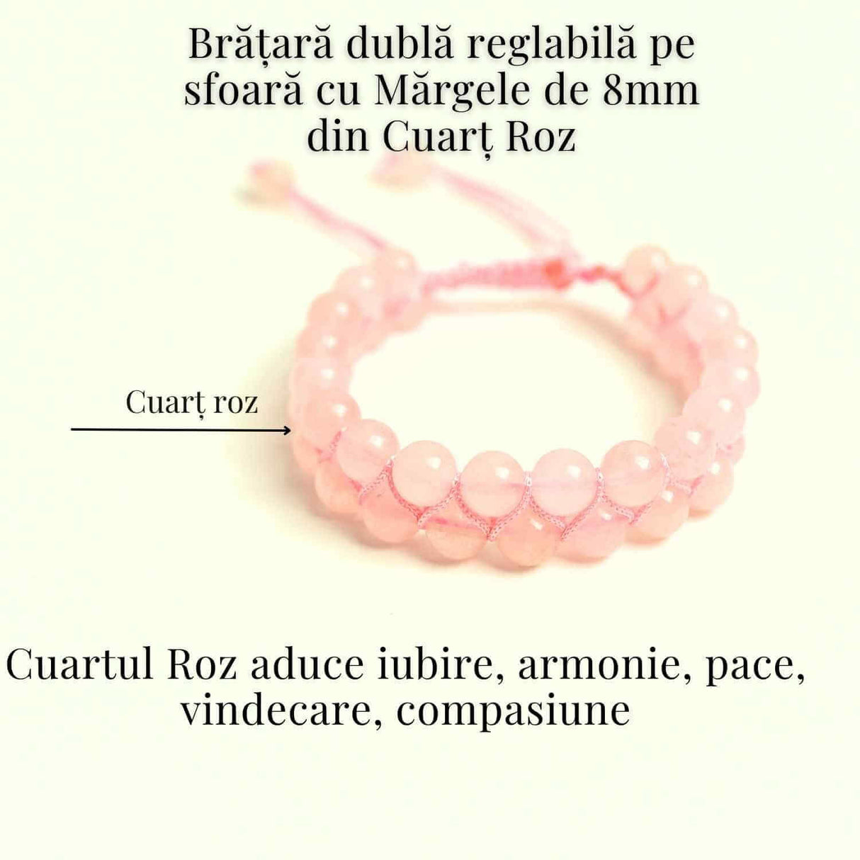 Bratara Dubla Reglabila din Cuart Roz 8mm - Iubire si Armonie