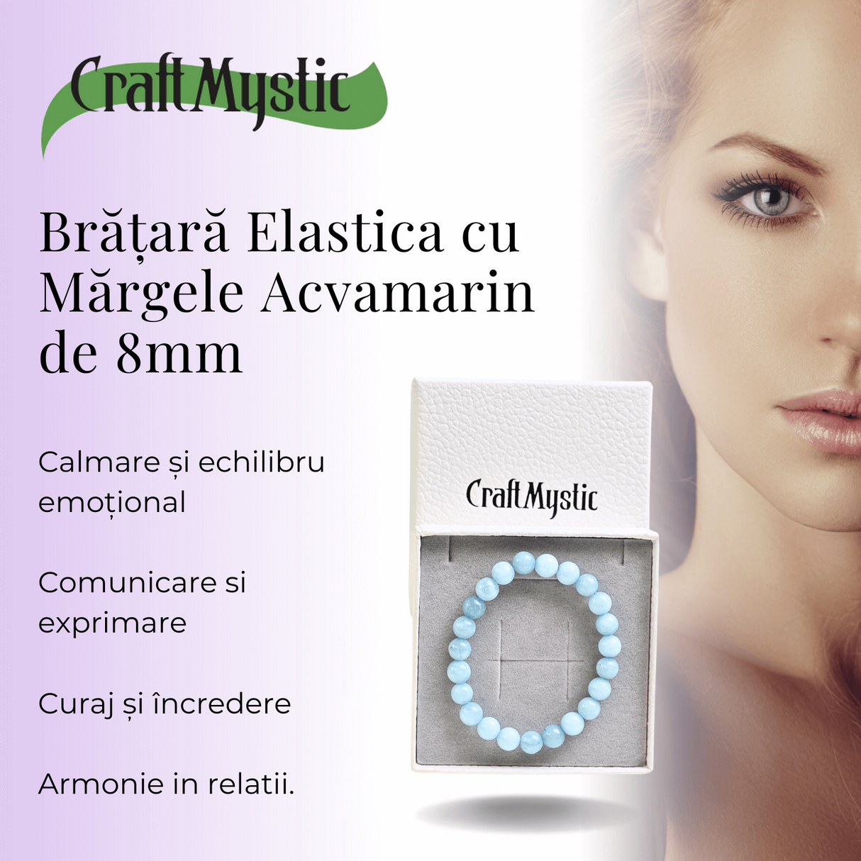 Bratara Elastica cu Margele de Acvamarin 8mm - Conexiune cu Oceanul Energiei