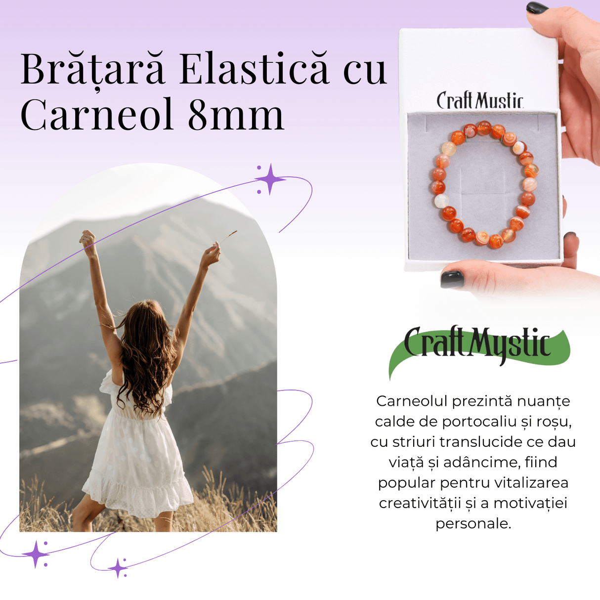Bratara Elastica cu Margele de Carneol 8mm - Pulsul Creativitatii si Energiei