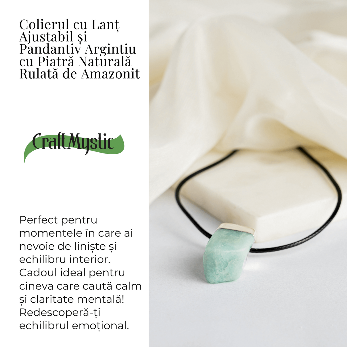 Colier cu Piatra Rulata de Amazonit Natural - Liniste, Echilibru si Claritate Interioara
