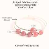 Bratara dubla metalica argintie si Cuart Roz natural pentru calm si claritate mentala