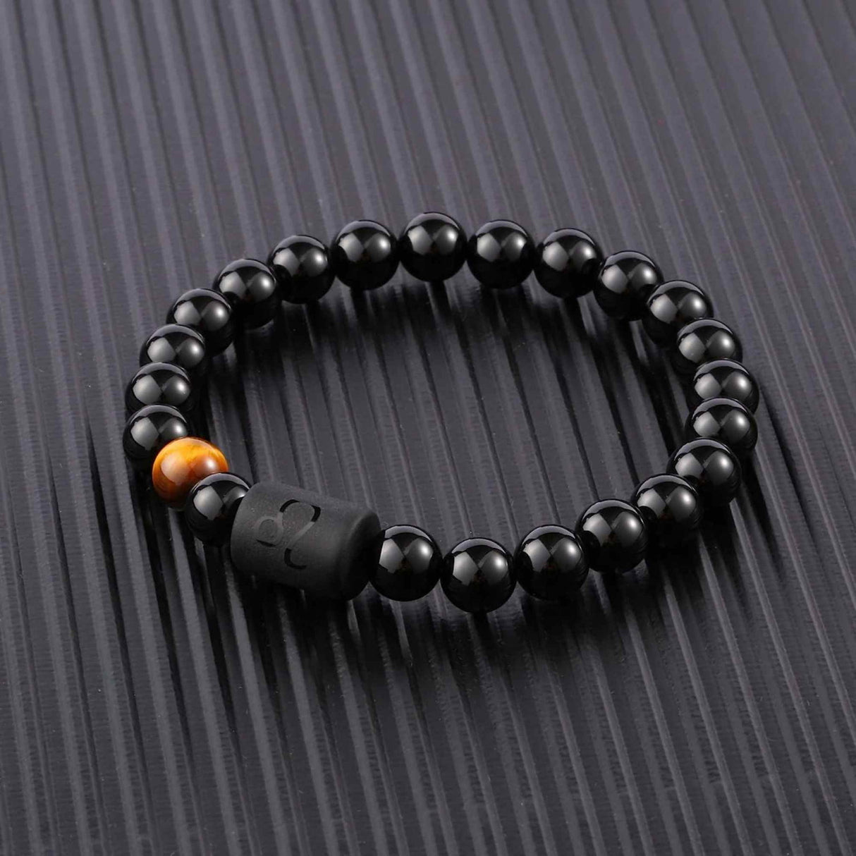 Bratara zodie Berbec din pietre naturale 8mm Obsidian si Ochi de Tigru pentru barbati cu cele 12 constelatii - Include dubla gravura cu semn zodiacala specifica
