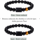 Bratara zodie Berbec din pietre naturale 8mm Obsidian si Ochi de Tigru pentru barbati cu cele 12 constelatii - Include dubla gravura cu semn zodiacala specifica